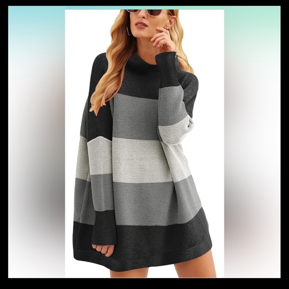 Oversized Turtleneck Ribbed Knit Striped Tunic Sweater